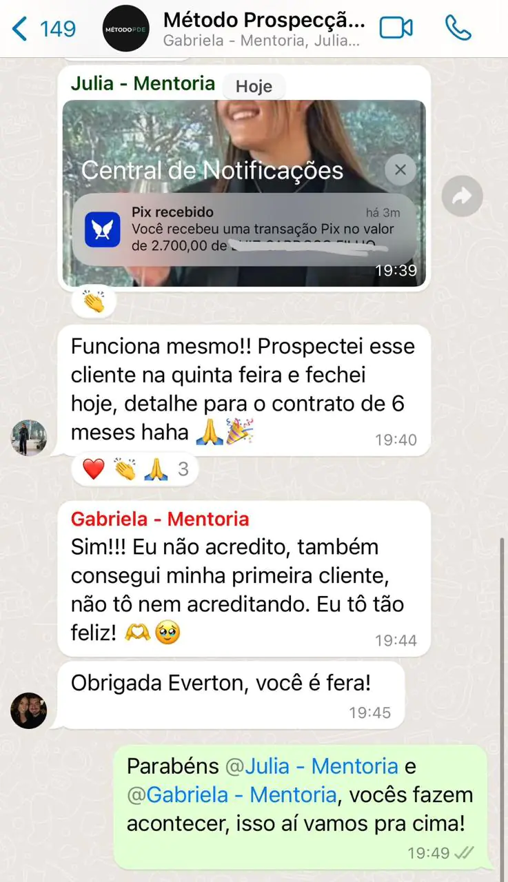 Depoimento WhatsApp - Julia e Gabriela: Pix recebido de R$2.700, contrato de 6 meses fechado